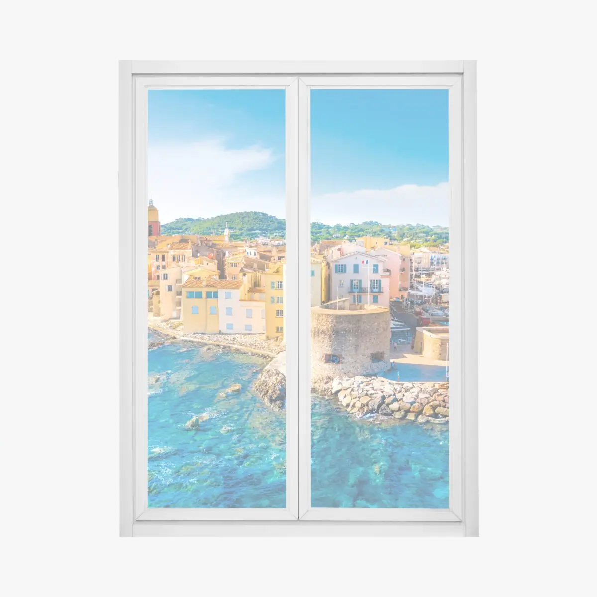 Adesivo per finestra vista pittoresca di Saint-Tropez sul mare • Wallissimo®