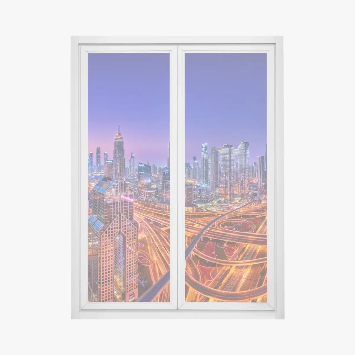 Adesivo per finestra panorama notturno di Dubai: skyline moderno e dinamico • Wallissimo®