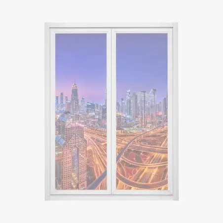 Adesivo per finestra panorama notturno di Dubai: skyline moderno e dinamico • Wallissimo®