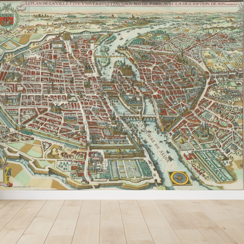 Carta da parati antica mappa panoramica di Parigi e della Senna
