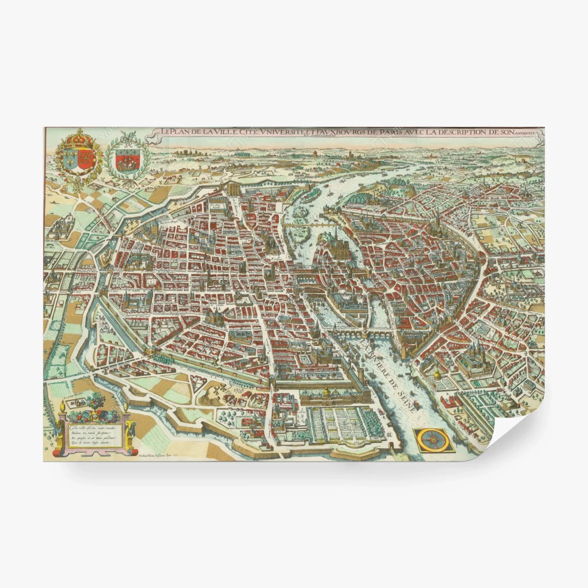 Carta da parati antica mappa panoramica di Parigi e della Senna • Wallissimo®