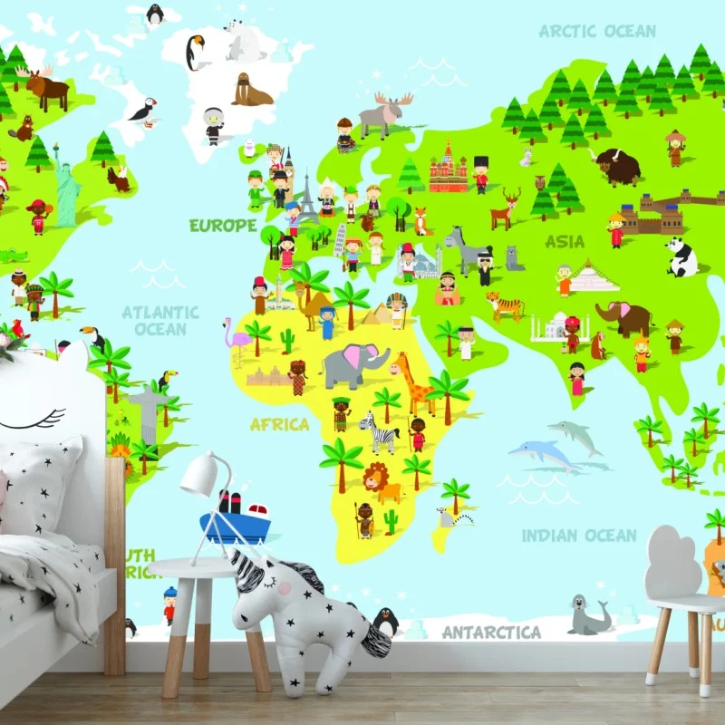 Wall mural colorful world map with animals and children