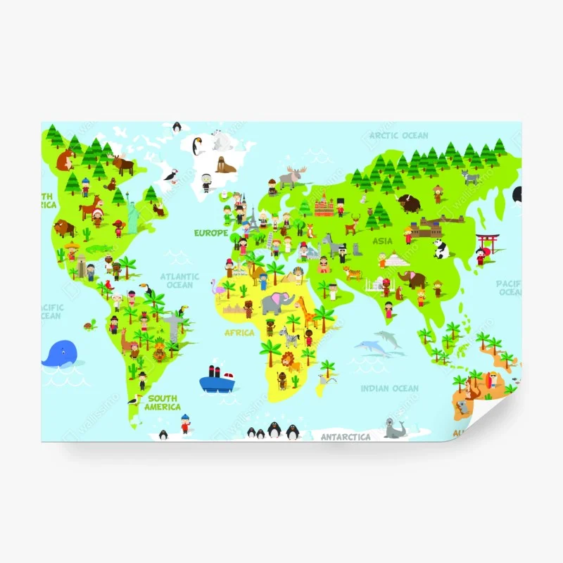 Wall mural colorful world map with animals and children