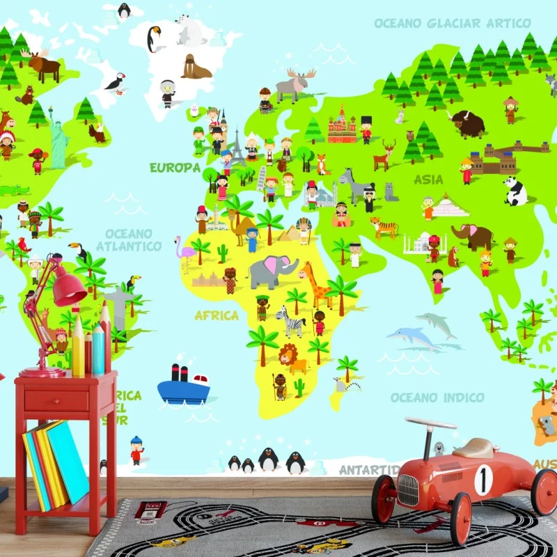 Wall mural colorful illustrated world map for kids
