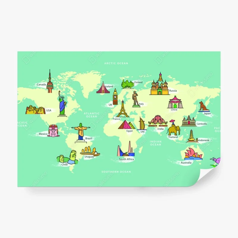 Carta da parati mappa illustrata dei monumenti del mondo