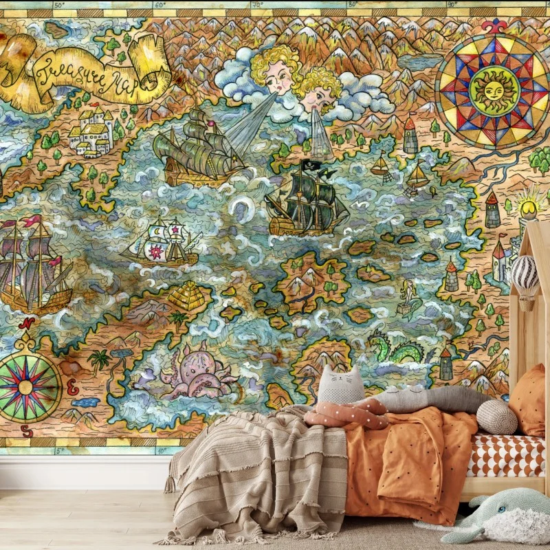 Carta da parati antica mappa del tesoro illustrata in stile vintage