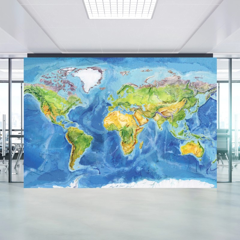 Carta da parati mappa fisica del mondo ad acquerello