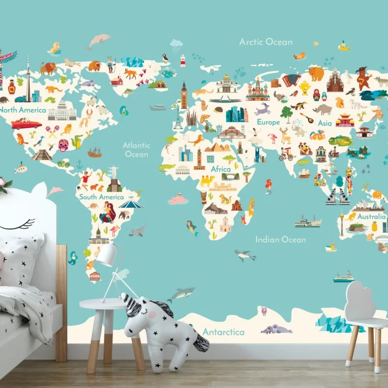 Wall mural colorful illustrated world map for kids