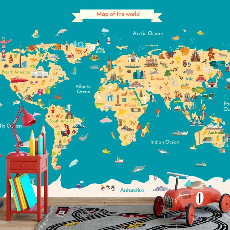 Wall mural colorful illustrated world map for kids