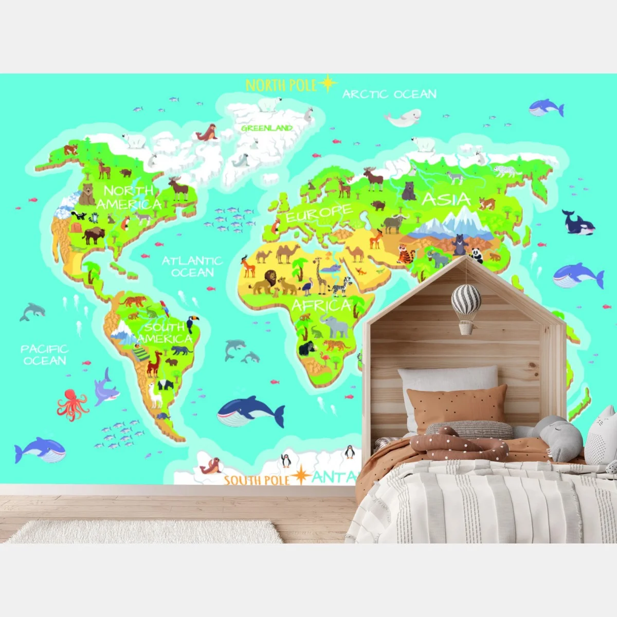 Wall mural colorful animal world map for kids • Wallissimo® Wall mural colorful animal world map for kids • Wallissimo®