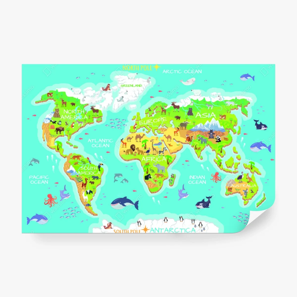 Wall mural colorful animal world map for kids • Wallissimo® Wall mural colorful animal world map for kids • Wallissimo®