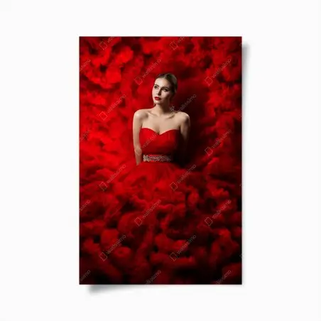 Poster eleganza scarlatta: ritratto in abito vaporoso • Wallissimo®
