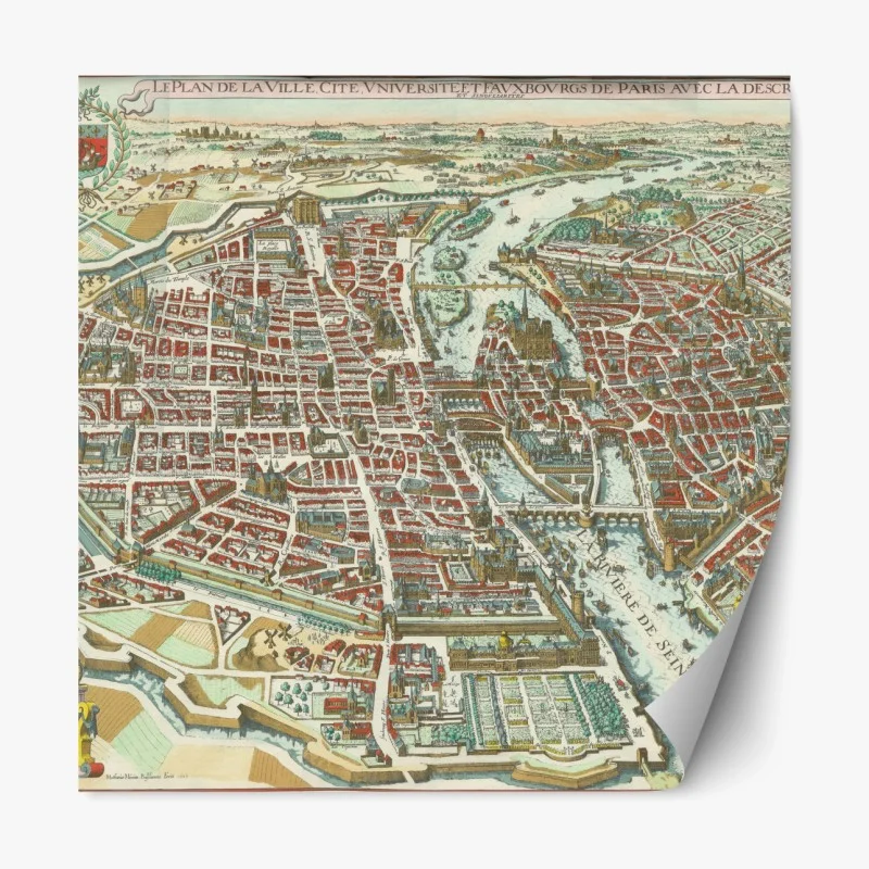Adesivo riposizionabile antica mappa panoramica di Parigi e della Senna
