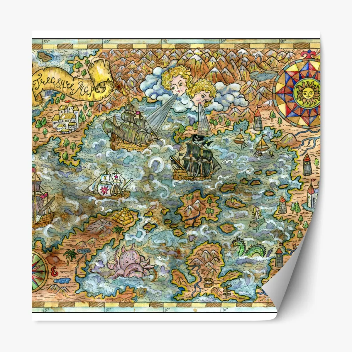 Adesivo riposizionabile antica mappa del tesoro illustrata in stile vintage • Wallissimo® Adesivo riposizionabile antica mappa del tesoro illustrata in stile vintage • Wallissimo®
