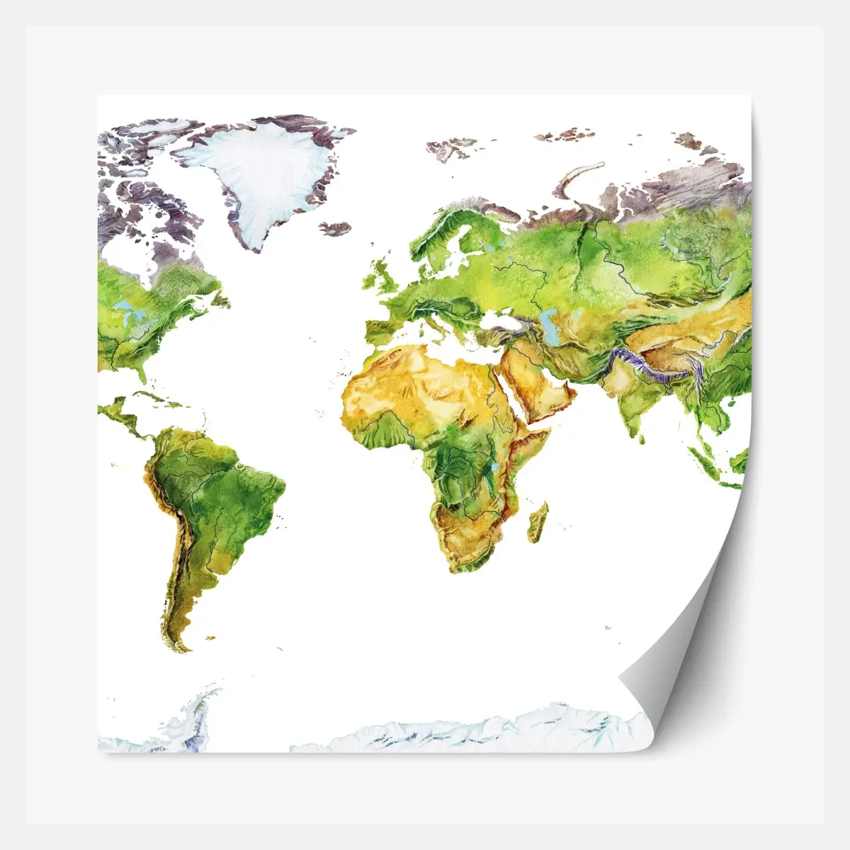 Adesivo riposizionabile mappa fisica del mondo ad acquerello • Wallissimo®