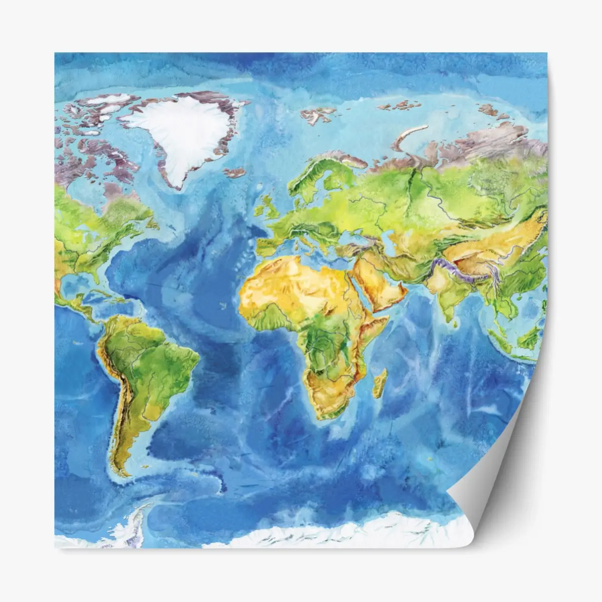 Adesivo riposizionabile mappa fisica del mondo ad acquerello • Wallissimo®