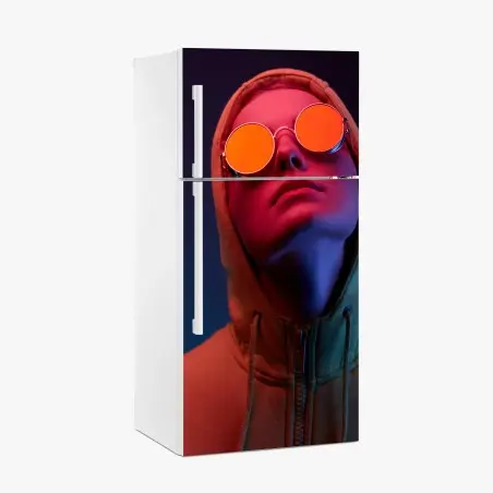 Adesivo per frigorifero ritratto neon: volto con occhiali tondi • Wallissimo®