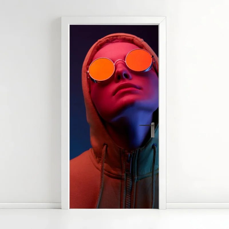 Adesivo per porta ritratto neon: volto con occhiali tondi