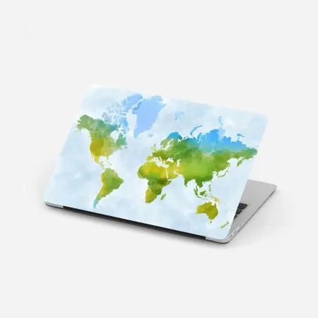Adesivo per laptop mappa del mondo in acquerello verde e blu • Wallissimo®