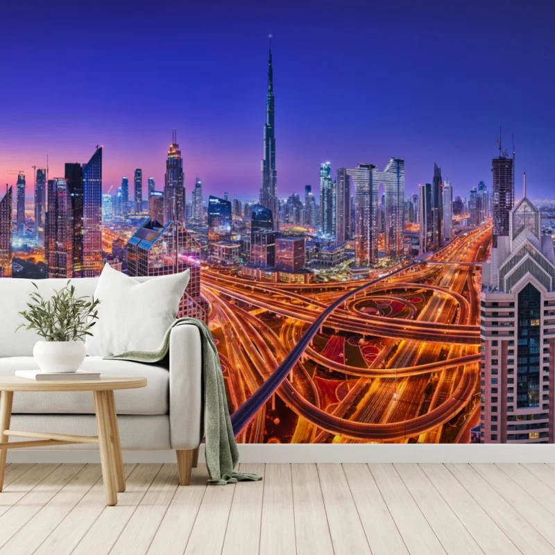Carta da parati panorama notturno di Dubai: skyline moderno e dinamico