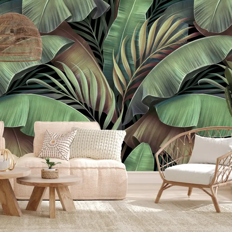 Carta da parati elegante motivo di foglie tropicali verde smeraldo