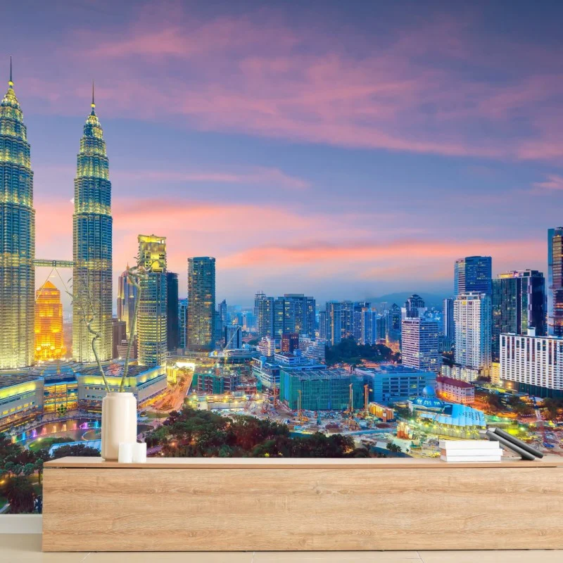 Carta da parati tramonto urbano a Kuala Lumpur: skyline luminoso