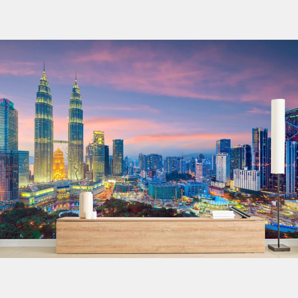 Carta da parati tramonto urbano a Kuala Lumpur: skyline luminoso • Wallissimo® Carta da parati tramonto urbano a Kuala Lumpur: skyline luminoso • Wallissimo®