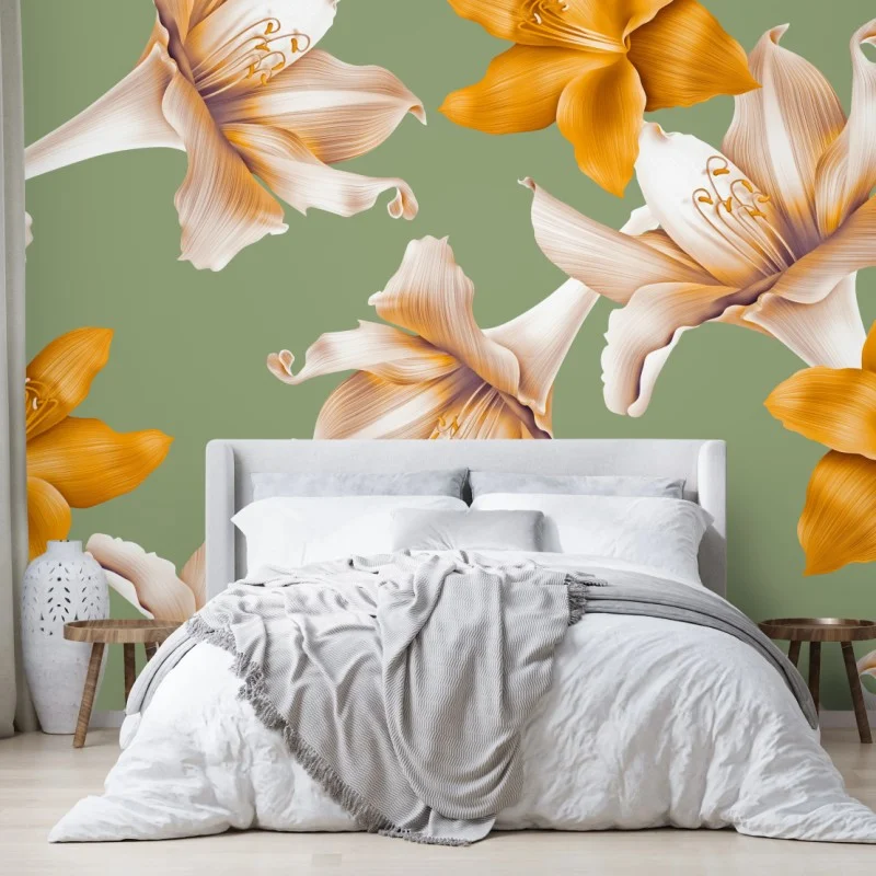 Carta da parati motivo di gigli arancioni su sfondo verde