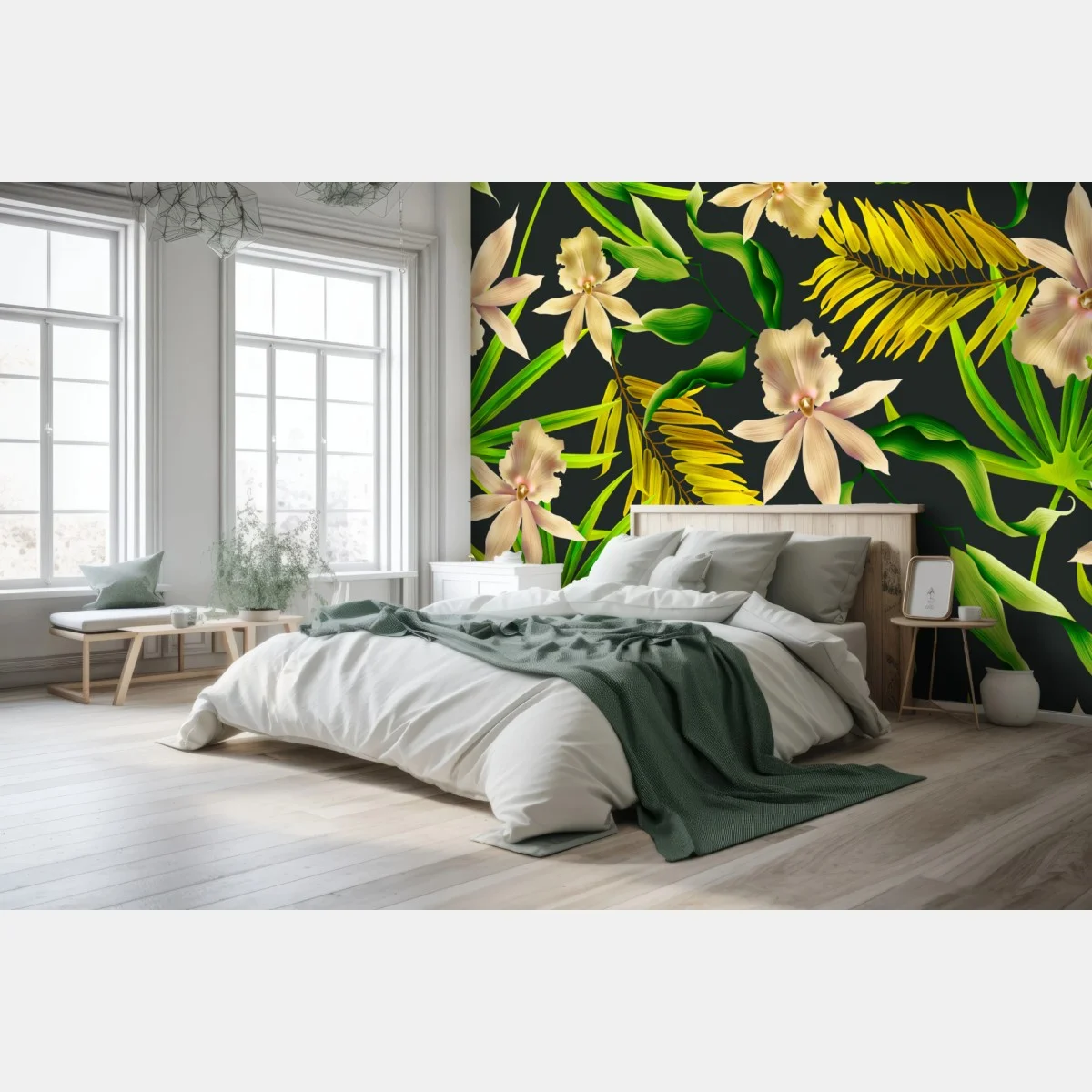 Carta da parati motivo floreale tropicale su sfondo scuro • Wallissimo® Carta da parati motivo floreale tropicale su sfondo scuro • Wallissimo®