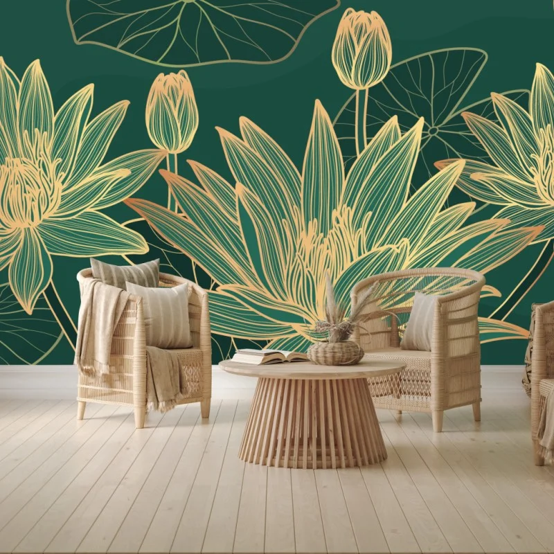 Carta da parati ninfee dorate su sfondo verde