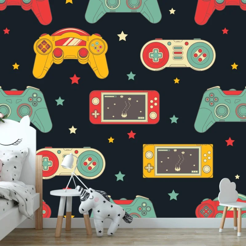 Carta da parati motivo giochi retrò con controller colorati
