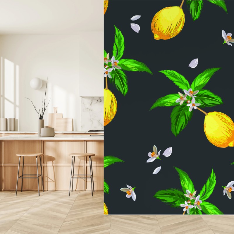Carta da parati motivo di limoni e fiori su sfondo scuro