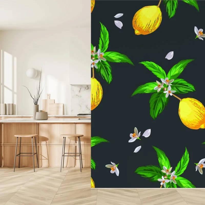 Carta da parati motivo di limoni e fiori su sfondo scuro