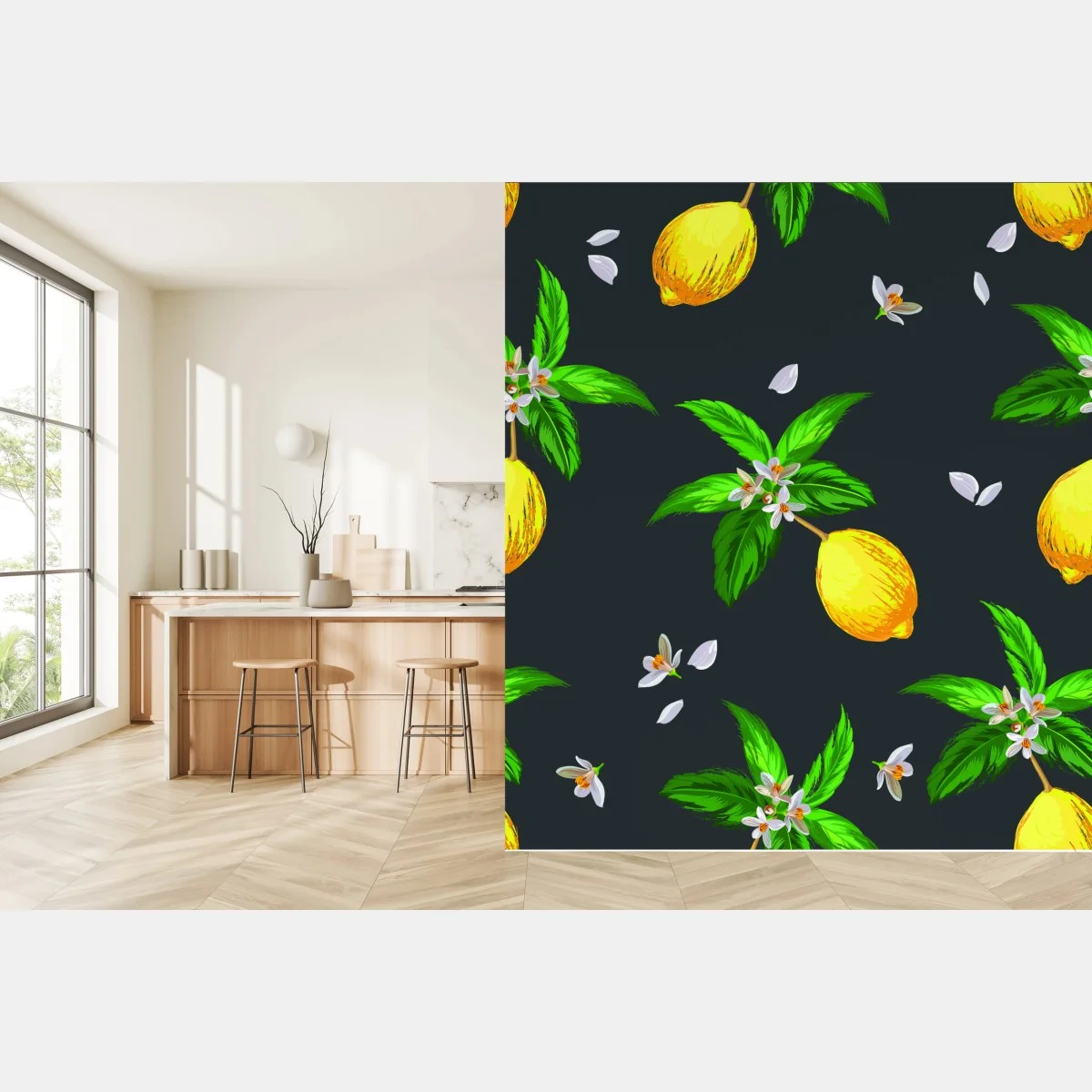 Carta da parati motivo di limoni e fiori su sfondo scuro • Wallissimo® Carta da parati motivo di limoni e fiori su sfondo scuro • Wallissimo®