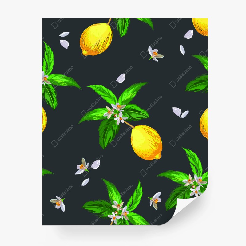 Carta da parati motivo di limoni e fiori su sfondo scuro