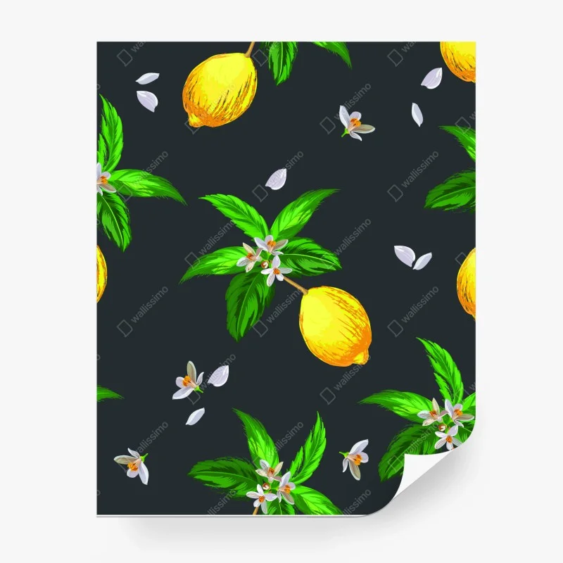 Carta da parati motivo di limoni e fiori su sfondo scuro