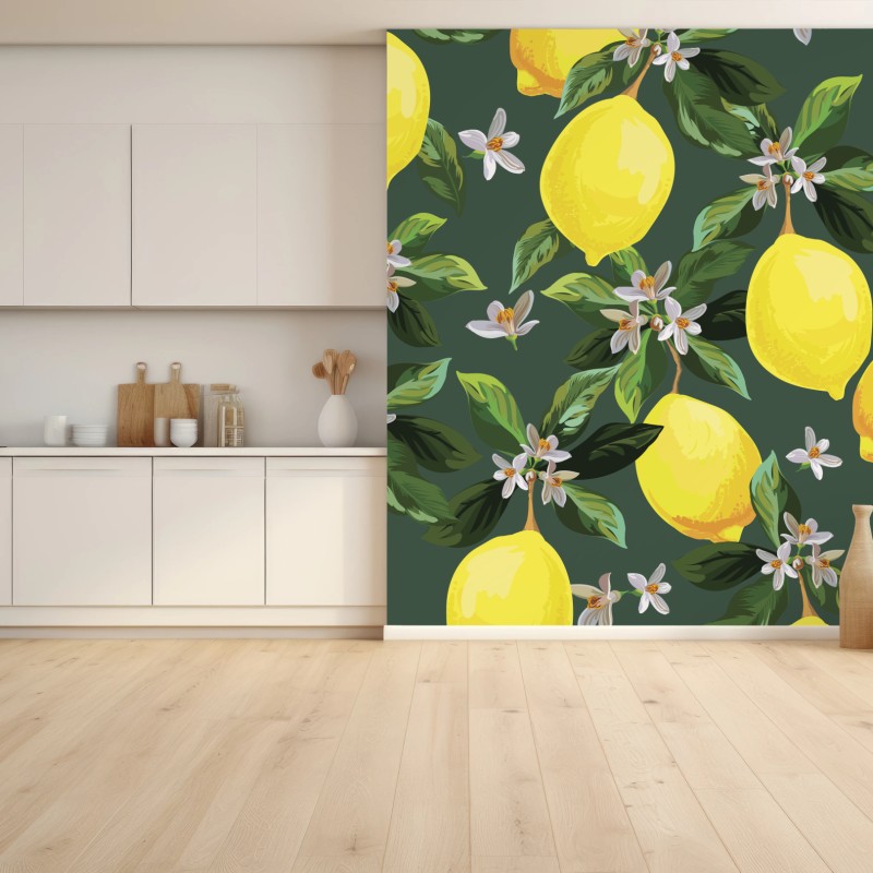 Carta da parati stampa limoni e fiori su sfondo verde scuro