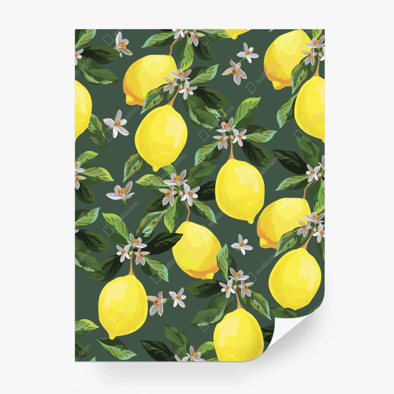 Carta da parati stampa limoni e fiori su sfondo verde scuro