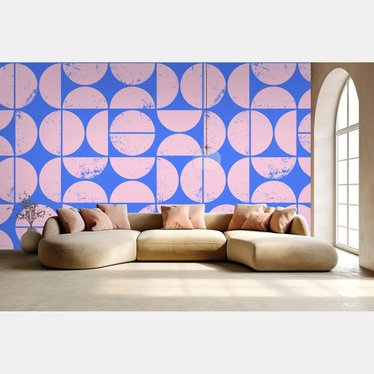 Carta da parati motivo geometrico rosa e blu con effetto vintage • Wallissimo® Carta da parati motivo geometrico rosa e blu con effetto vintage • Wallissimo®