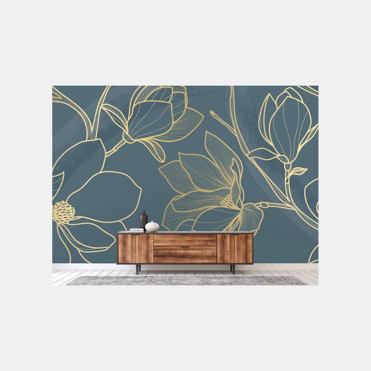 Carta da parati elegante motivo floreale dorato su sfondo blu petrolio • Wallissimo® Carta da parati elegante motivo floreale dorato su sfondo blu petrolio • Wallissimo®