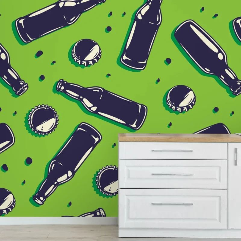 Carta da parati motivo bottiglie e tappi su sfondo verde