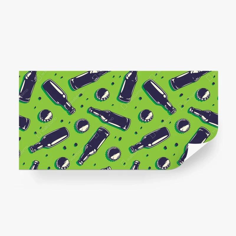 Carta da parati motivo bottiglie e tappi su sfondo verde