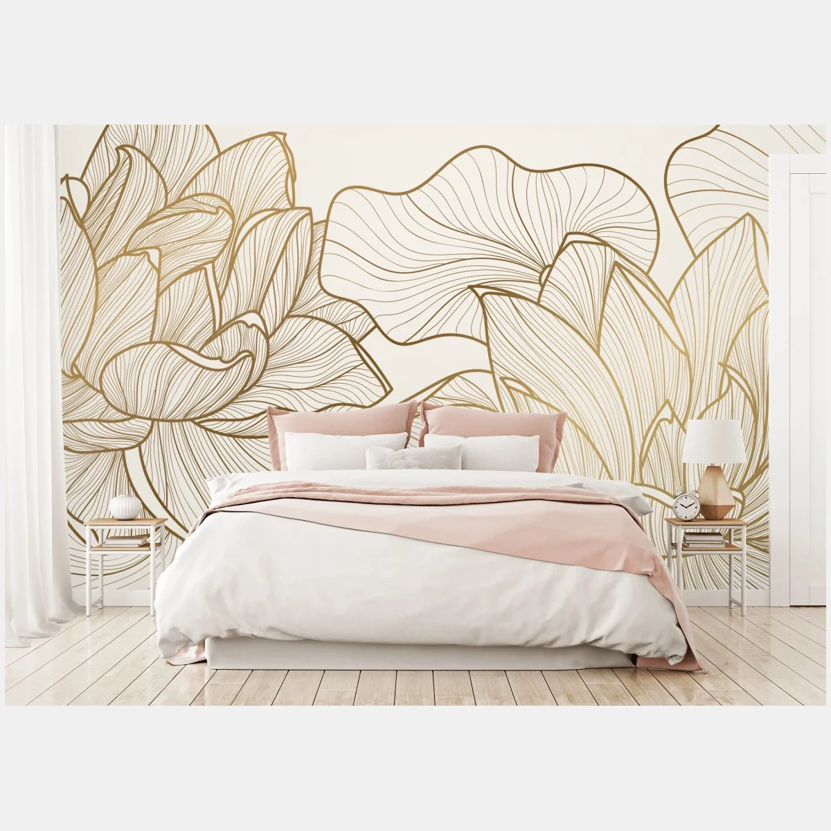 Carta da parati fiori di loto in tratti dorati • Wallissimo® Carta da parati fiori di loto in tratti dorati • Wallissimo®