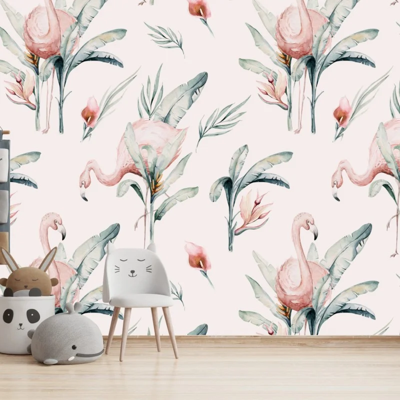 Carta da parati fenicotteri acquerellati su sfondo rosa