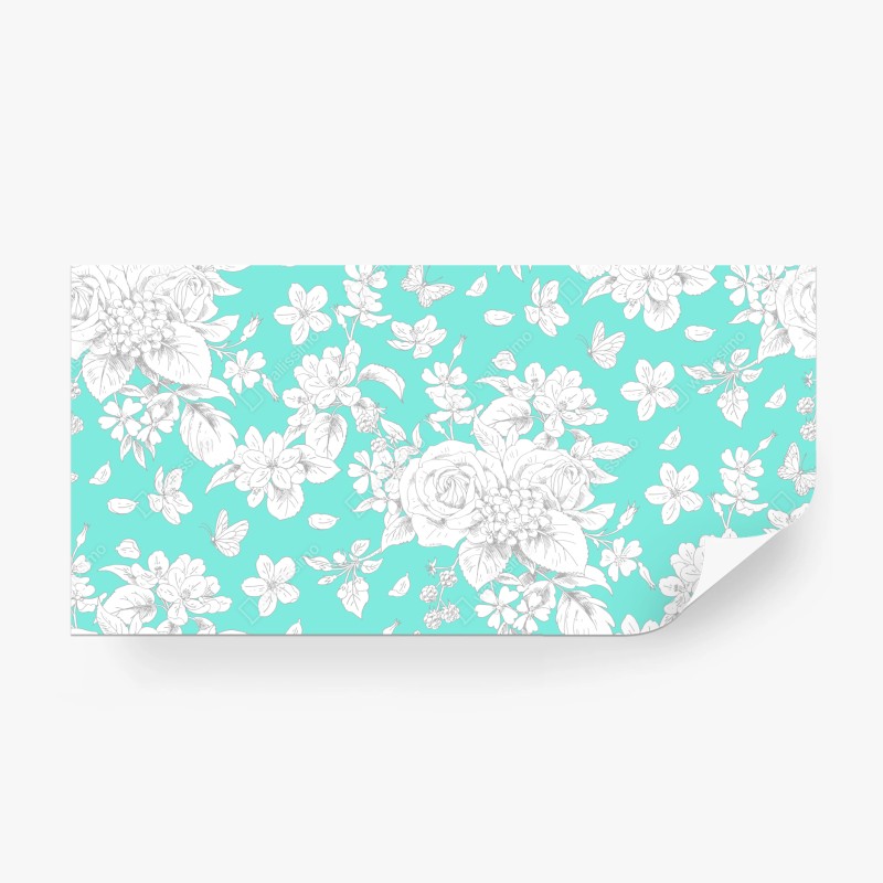 Carta da parati motivo floreale turchese con rose e farfalle