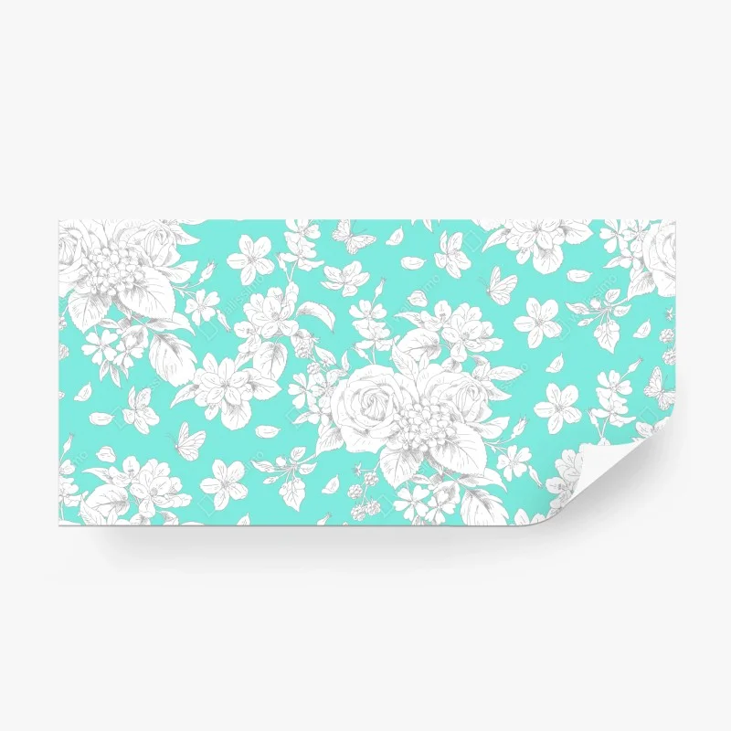 Carta da parati motivo floreale turchese con rose e farfalle
