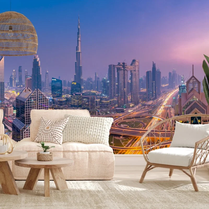 Carta da parati panorama notturno di Dubai con skyline moderno • Wallissimo®