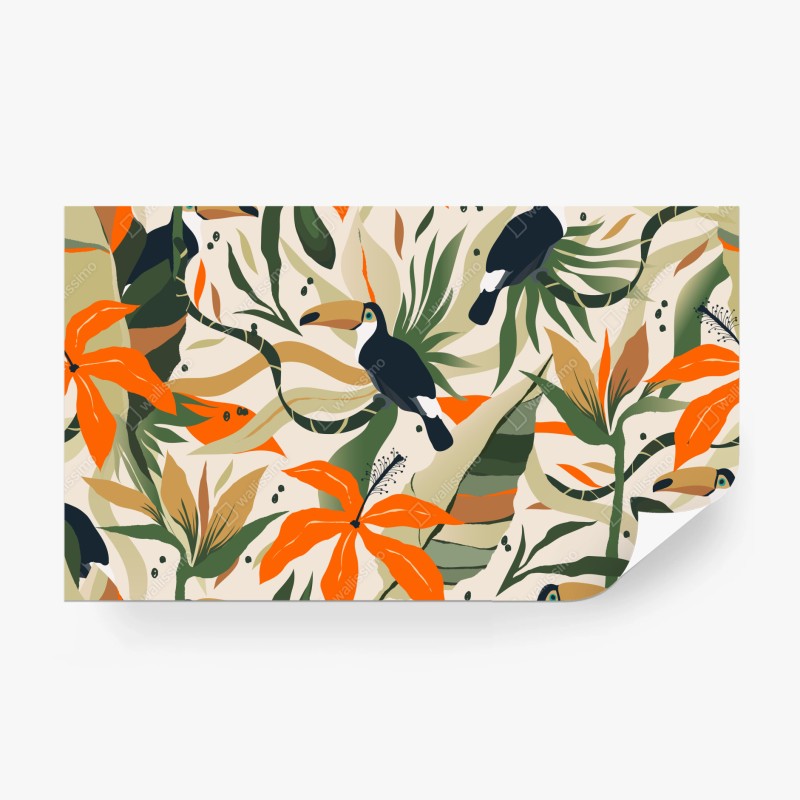 Carta da parati motivo tropicale con tucani e fiori arancioni