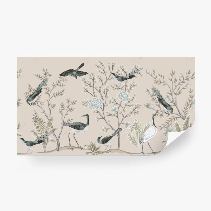 Carta da parati motivo botanico con uccelli in stile vintage