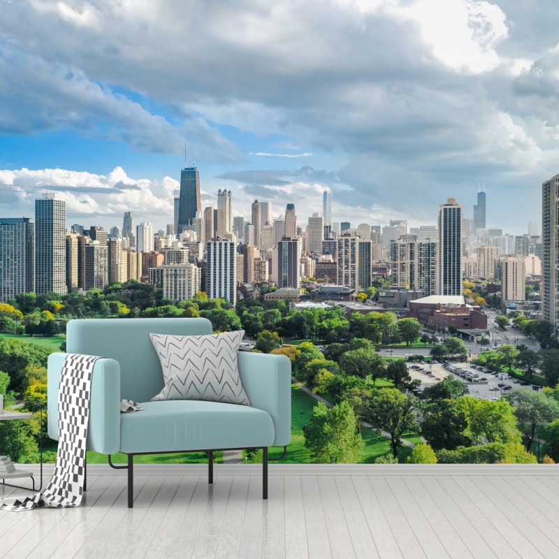 Carta da parati panoramica urbana di Chicago con parco e lago
